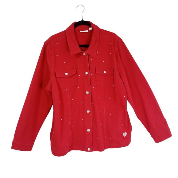 DreamJeannes Red Rhinestone Jacket Button-Up By Quacker Factory XL Womens - Picture 1 of 12